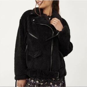 NWT Free People Women's So Cozy Slouchy Black Fleece Moto Jacket SZ: M